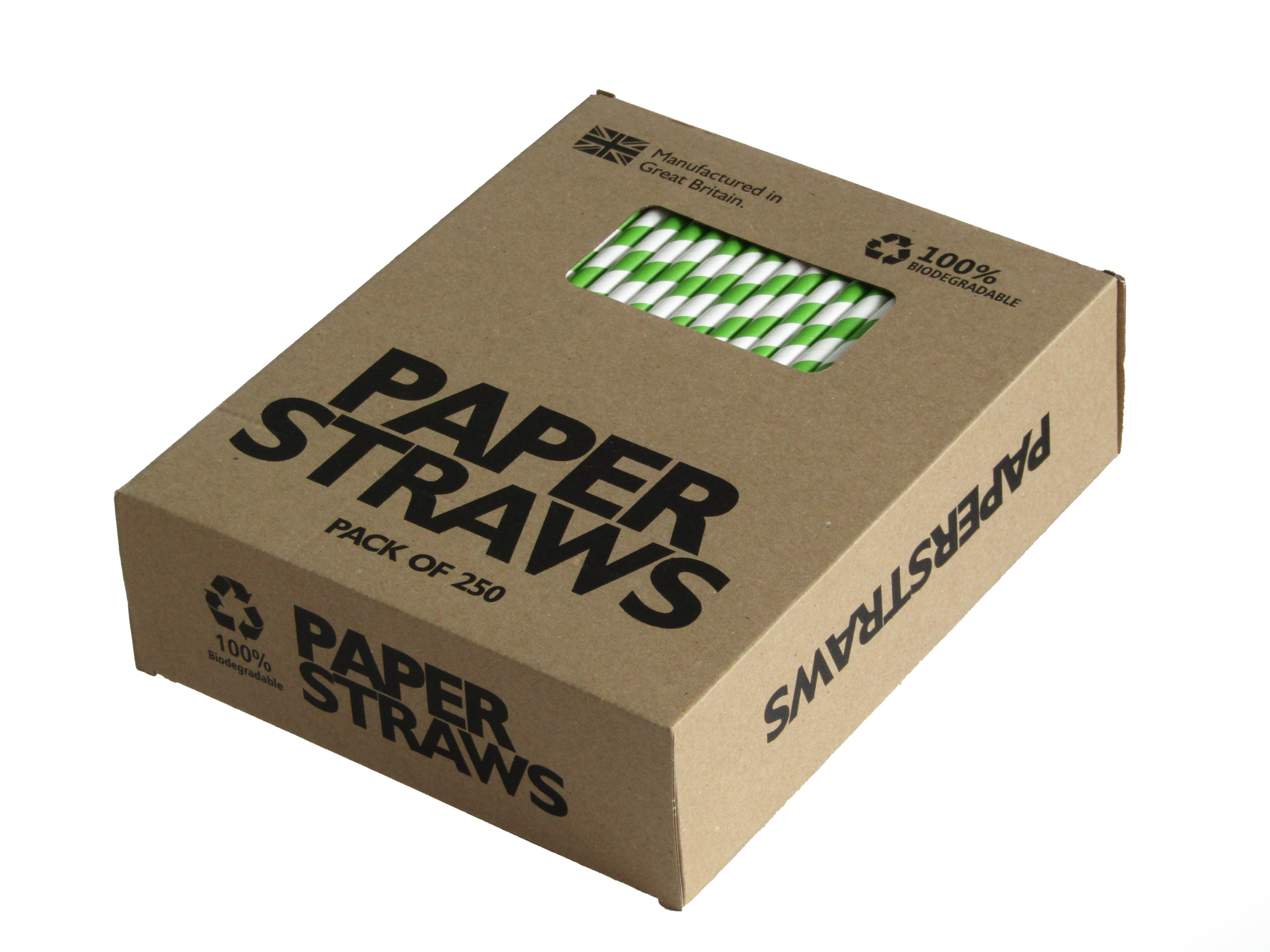 grüner Papiertrinkhalm Vorderansicht Verpackung aus weitem Winkel